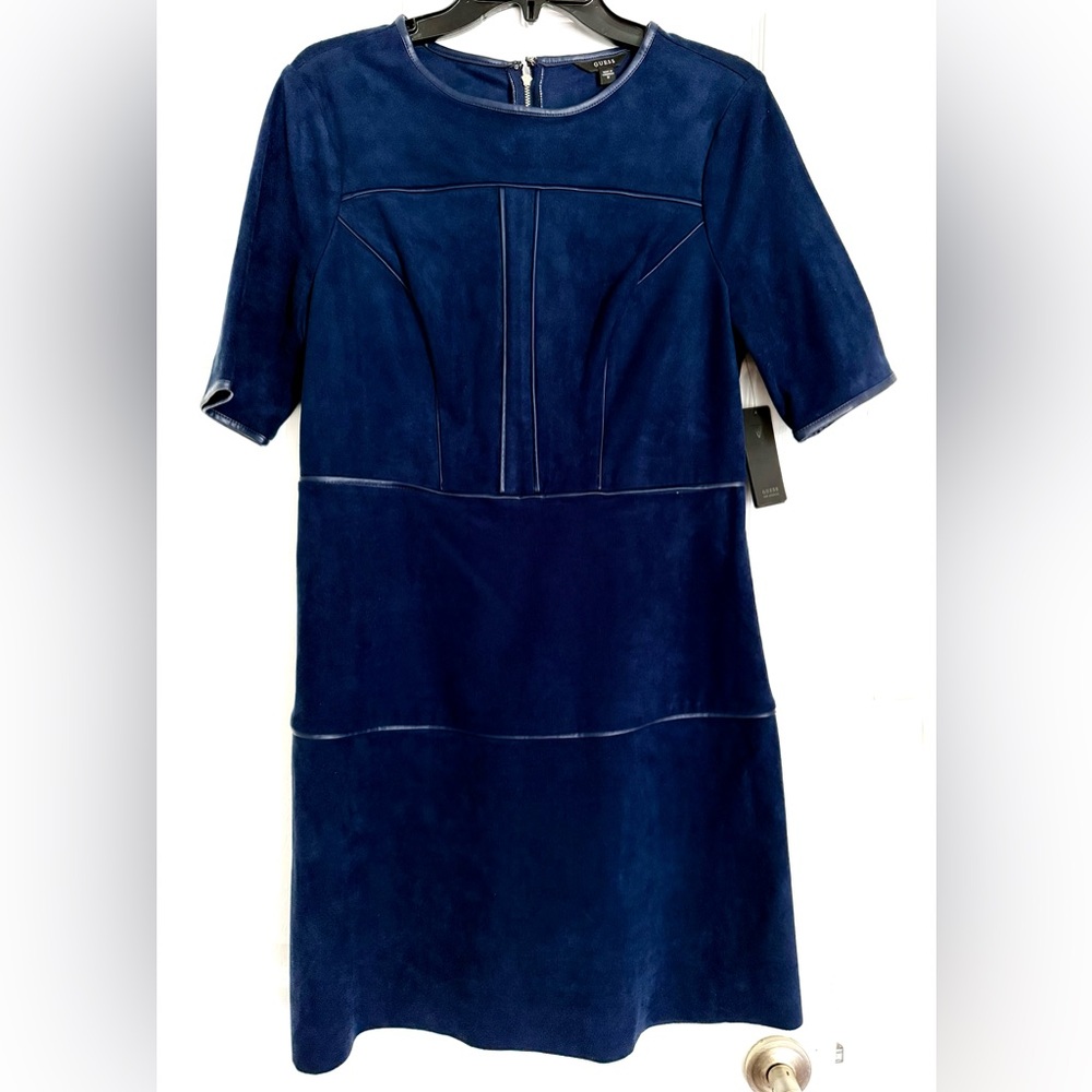 Guess Navy soft faux suede dress with faux leather trim.